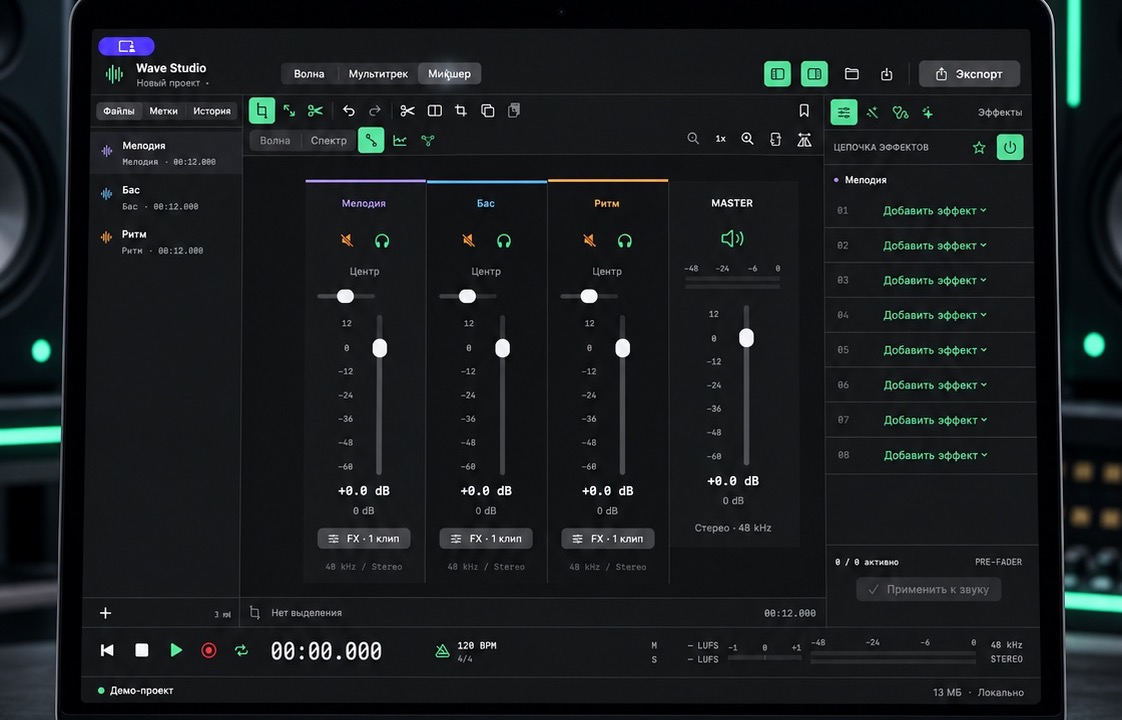 Микшер Wave Studio с каналами мелодии, баса и ритма